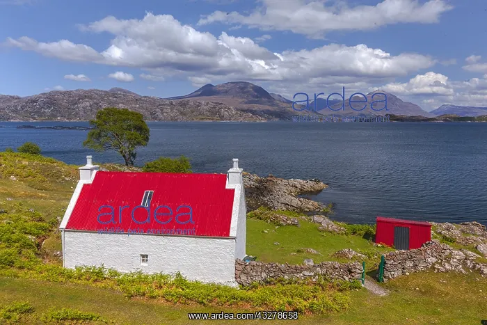 : Loch Shieldaig - red roofed cottage at sea Loch : Loch Shieldaig - red roofed cottage at sea Loch