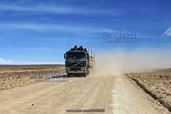 : A lorry drives along a dusty road in an arid desert landscape : A lorry drives along a dusty road in an arid desert landscape