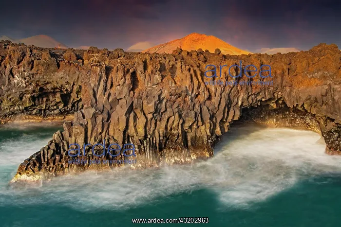 : Los Hervideros, lava rock coast in last light at : Los Hervideros, lava rock coast in last light at