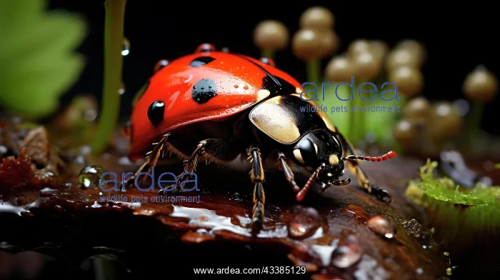 : Macro image of a ladybird (Coccinellidae) on a damp f : Macro image of a ladybird (Coccinellidae) on a damp f