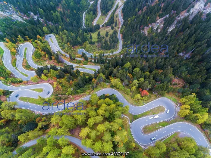  : Maloja Pass, winding Swiss Alpine pass, drone photo