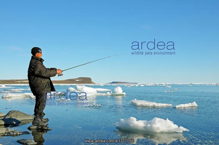 : Man of the Inuit people fishing on the banks of : Man of the Inuit people fishing on the banks of