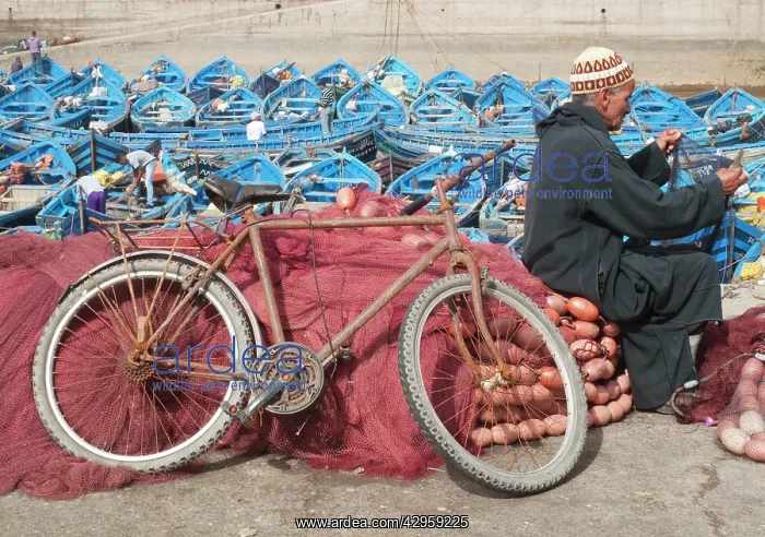 : Man repairing fishing nets in the fishing port : Man repairing fishing nets in the fishing port