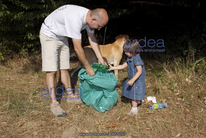 : Man student daughter to collect waste in the forest France : Man student daughter to collect waste in the forest France