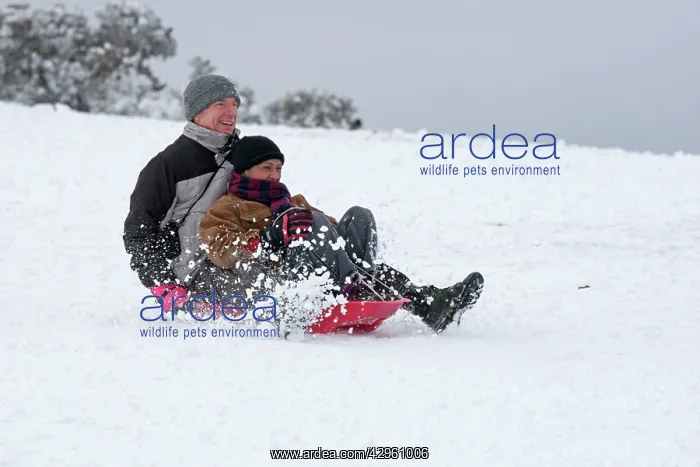 : Man and woman sledging in deep snow : Man and woman sledging in deep snow