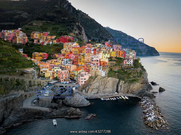 : Manarola, aerial view at sunrise, harbour, Cinque : Manarola, aerial view at sunrise, harbour, Cinque