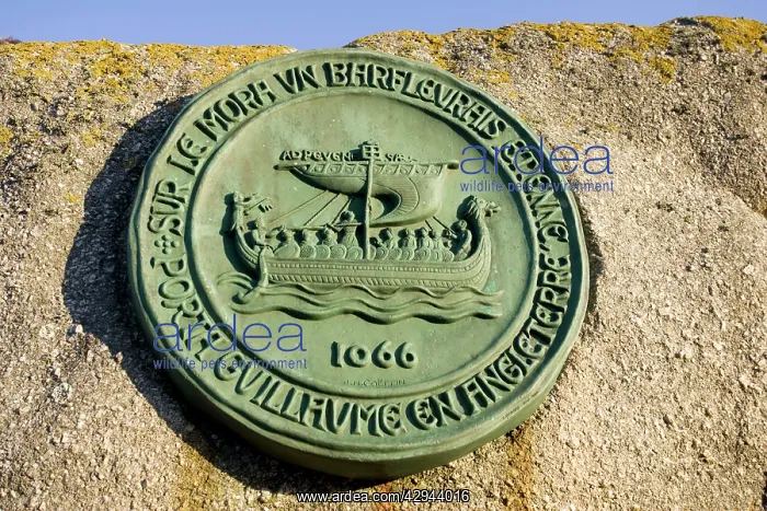 : Medallion on Barfleur rock commemorating William : Medallion on Barfleur rock commemorating William