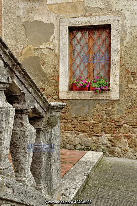 : Medieval stone railing and window, Monteriggioni : Medieval stone railing and window, Monteriggioni