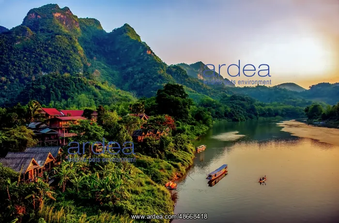 : Mekong River village, Laos. Landscape view of mountain : Mekong River village, Laos. Landscape view of mountain