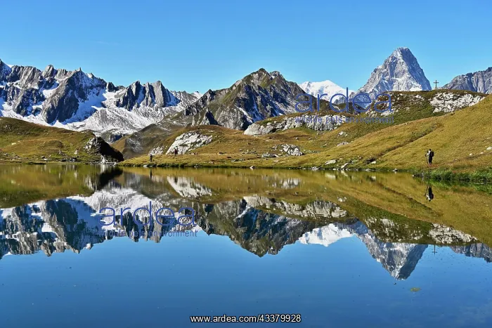 : Mont Blanc and Grand Jorass reflected in Lac de : Mont Blanc and Grand Jorass reflected in Lac de
