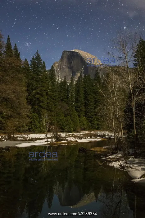 : A moonlit Half Dome reflects in the Merced Rive : A moonlit Half Dome reflects in the Merced Rive