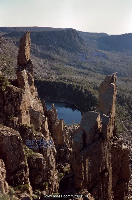 : Moraine-dammed glacial lake seen between dolerite : Moraine-dammed glacial lake seen between dolerite