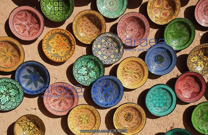 : Morocco - Displayed pottery in a craft shop in : Morocco - Displayed pottery in a craft shop in