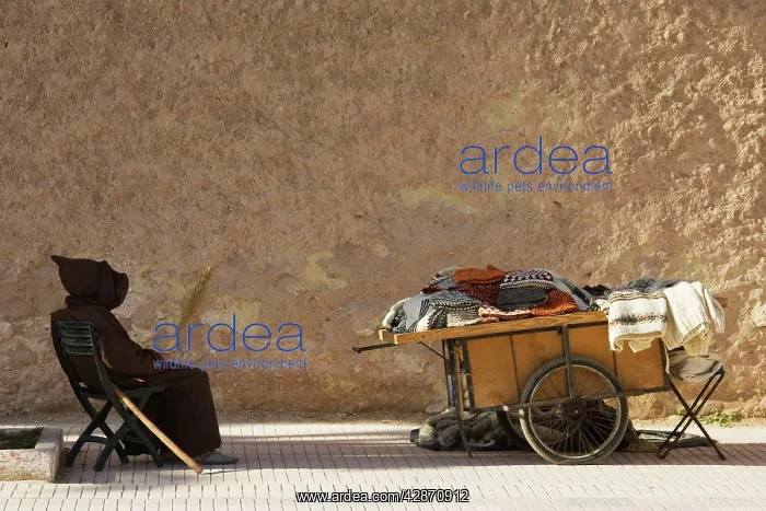 : Morocco - Old man and his handcart with woollens : Morocco - Old man and his handcart with woollens