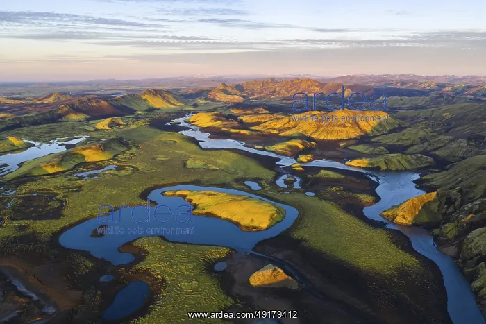 : Mossy landscape and lakes at sunrise : Mossy landscape and lakes at sunrise