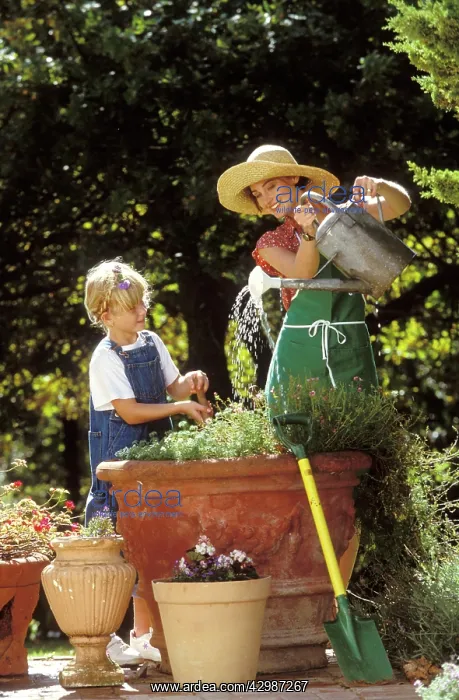 : Mother and Daughter - gardening, watering plant : Mother and Daughter - gardening, watering plant