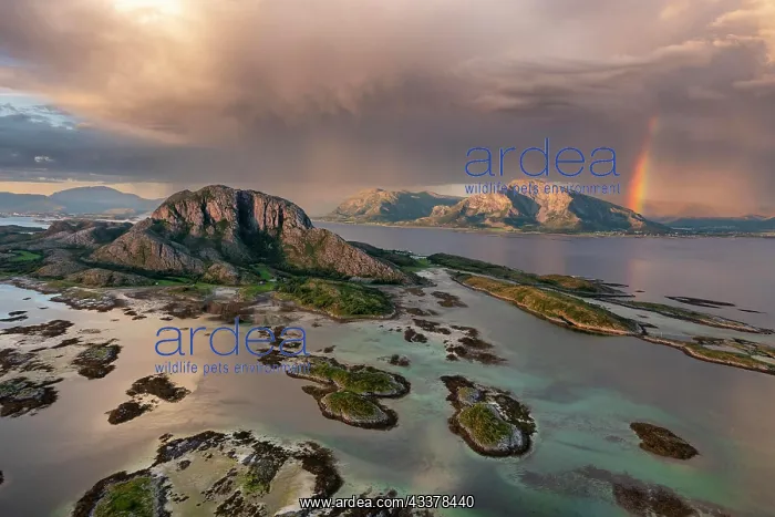 : Mount Torghatten with surrounding islands, rainbow : Mount Torghatten with surrounding islands, rainbow