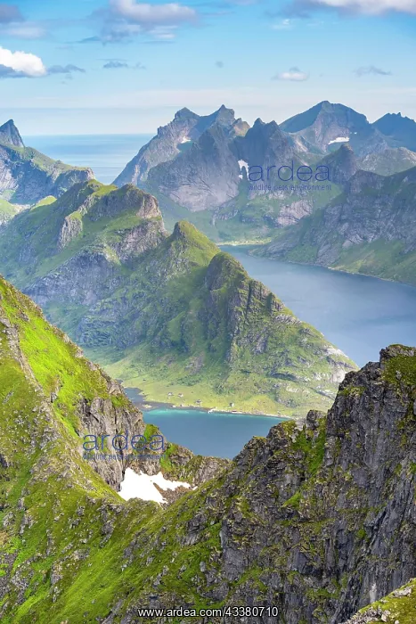 : Mountain landscape with steep rocky peaks fjords : Mountain landscape with steep rocky peaks fjords