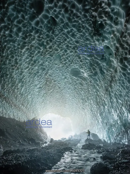 : Mountaineer in the ice chapel with meltwater stream : Mountaineer in the ice chapel with meltwater stream
