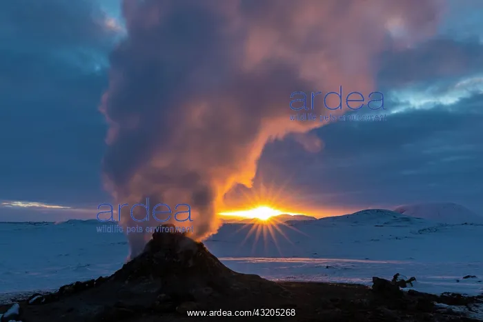 : Mud pot with steam source at sunrise, Hverir sol : Mud pot with steam source at sunrise, Hverir sol