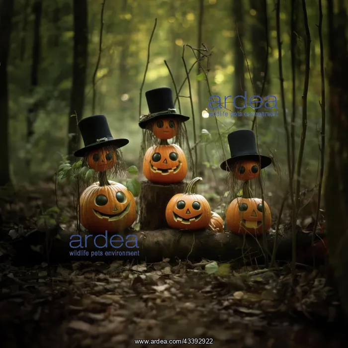 : Mystical Halloween pumpkins with top hats in a dark : Mystical Halloween pumpkins with top hats in a dark