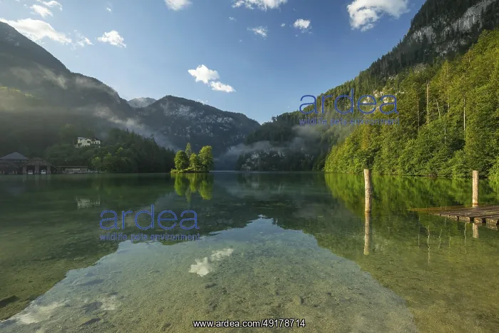 : Mystical morning at Konigssee in Schonau with boathouses and Christlieger : Mystical morning at Konigssee in Schonau with boathouses and Christlieger