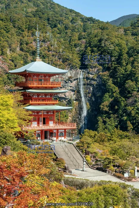 : Nachi waterfall behind pagoda of Seigantoji Temple : Nachi waterfall behind pagoda of Seigantoji Temple