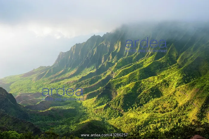 : Napali coast with green mountains seen from the : Napali coast with green mountains seen from the