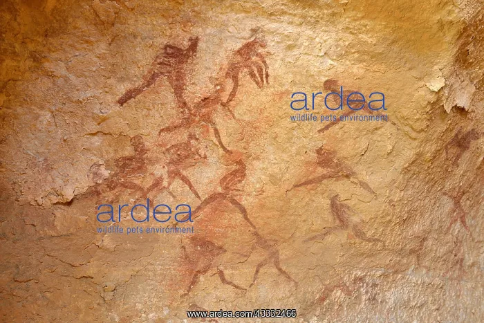 : Neolithic rock painting, group of hunting people : Neolithic rock painting, group of hunting people