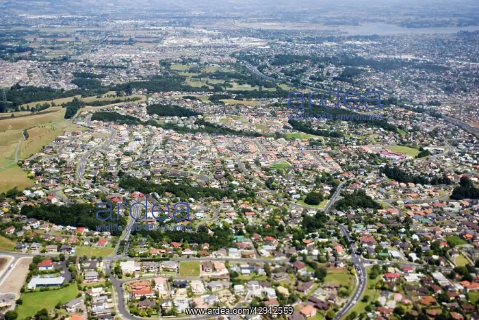 : New Zealand - aerial of Auckland suburbs near airport : New Zealand - aerial of Auckland suburbs near airport