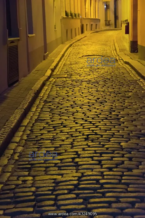 : Night view of cobblestone street in the old town : Night view of cobblestone street in the old town