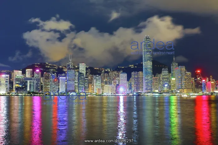 : Night view of Victoria Harbour and Skyline with lights, Hong : Night view of Victoria Harbour and Skyline with lights, Hong