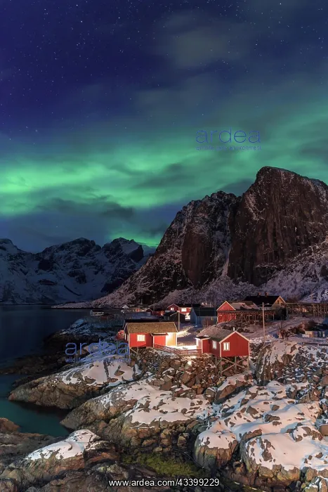 : Northern Lights or Aurora Borealis over red rorbuer : Northern Lights or Aurora Borealis over red rorbuer