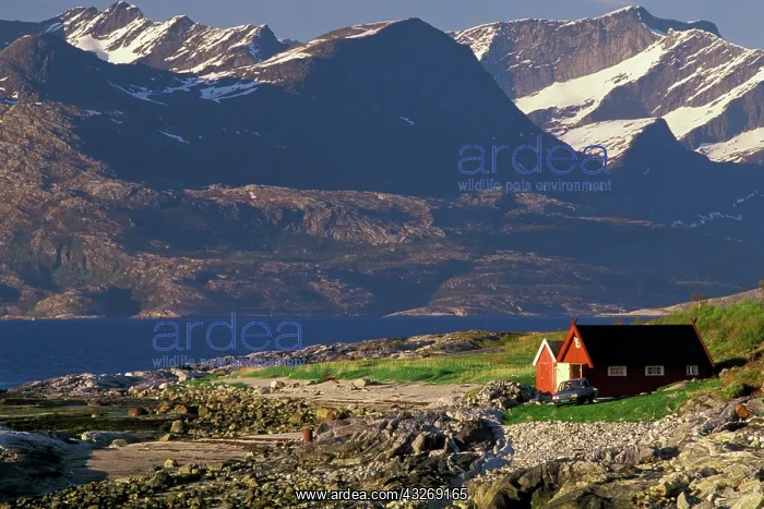 : Norway, Bodo. Red house on Folda Sound : Norway, Bodo. Red house on Folda Sound