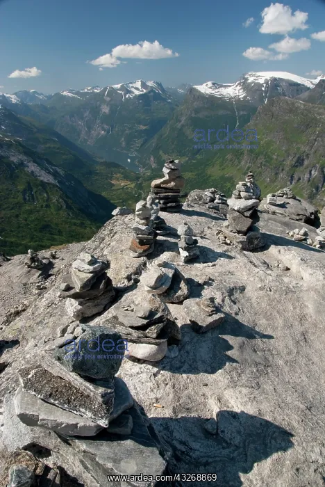 : Norway, Geiranger. Traveler's stone stacks : Norway, Geiranger. Traveler's stone stacks
