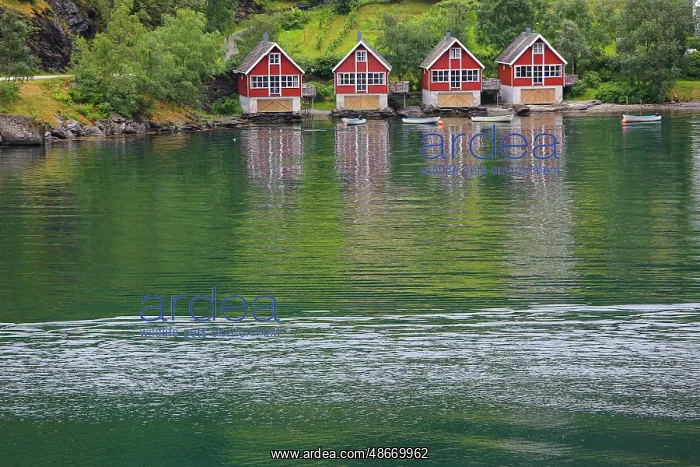 : Norway. Red boathouses : Norway. Red boathouses
