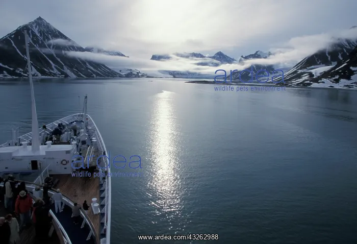 : Norway, Svalbard. Vessel approaching Magdalena : Norway, Svalbard. Vessel approaching Magdalena