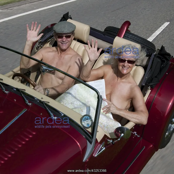 : NUDE older couple driving in an open top sports car : NUDE older couple driving in an open top sports car