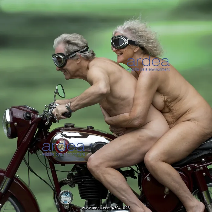 : Nude older couple on a motorbike : Nude older couple on a motorbike
