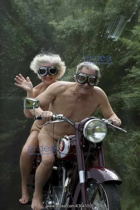 : NUDE older couple on an old motorbike : NUDE older couple on an old motorbike