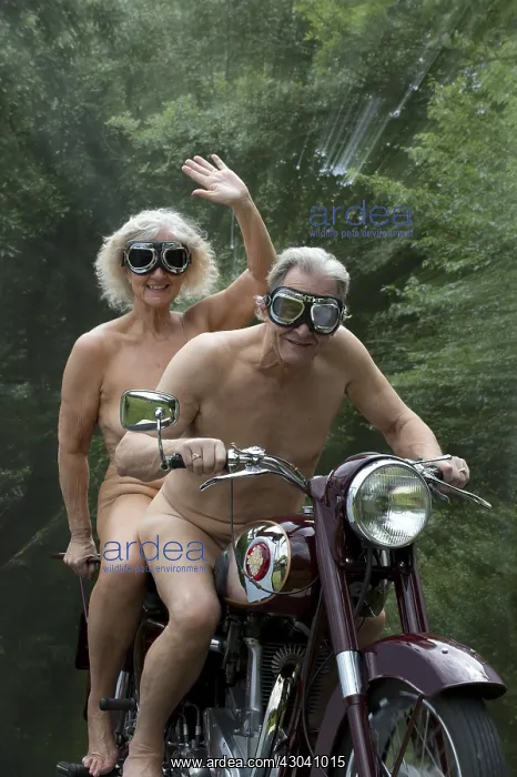 : NUDE older couple on an old motorbike : NUDE older couple on an old motorbike