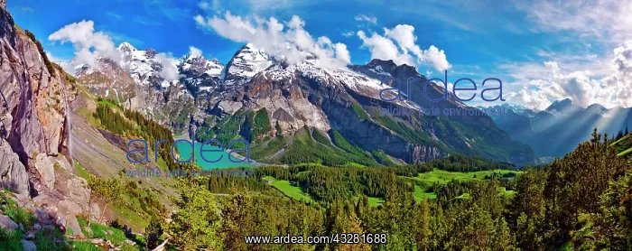 : Oeschinen Lake with Bernese Alps with Bl&, x25b6ca73;alp : Oeschinen Lake with Bernese Alps with Bl&, x25b6ca73;alp