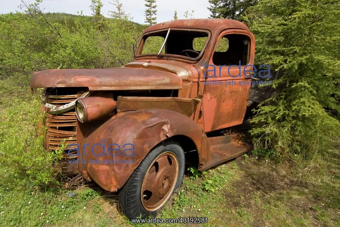 : Old wood truck, rusted, Lower Laberge Village, Yukon : Old wood truck, rusted, Lower Laberge Village, Yukon