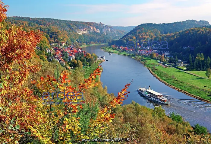 : Panoramic view of the village and Elbe valley with : Panoramic view of the village and Elbe valley with