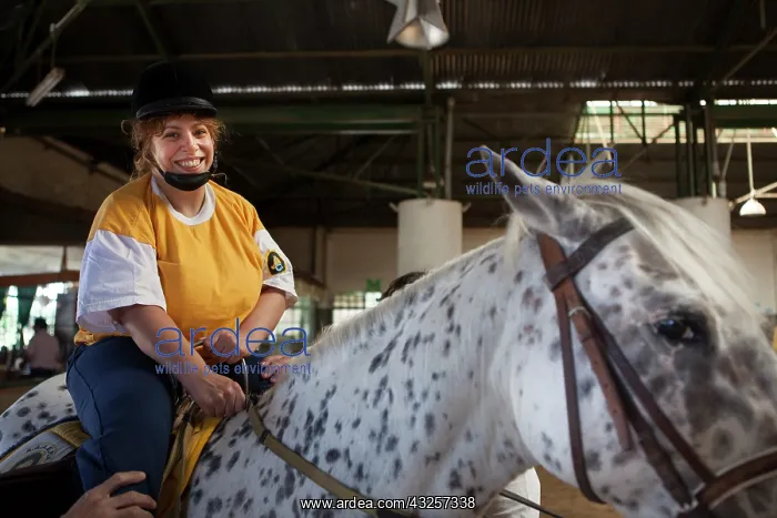 : Paraplegic woman on horse in a horse therapy center : Paraplegic woman on horse in a horse therapy center
