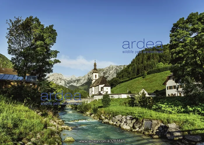: Parish church St. Sebastian with Ramsauer Ache : Parish church St. Sebastian with Ramsauer Ache