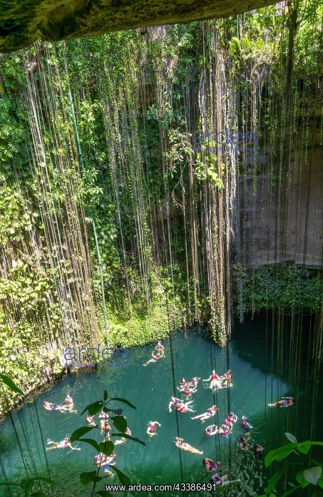 : People swimming in limestone sinkhole pool, Ceno : People swimming in limestone sinkhole pool, Ceno