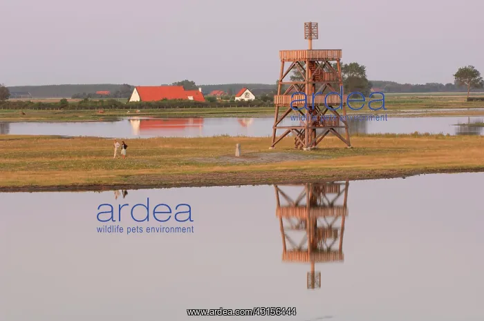 : Two people walking near watchtower on island at the southern : Two people walking near watchtower on island at the southern
