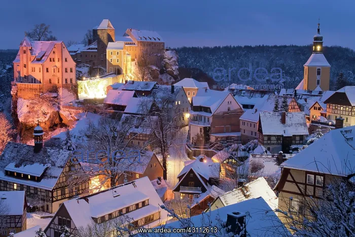 : Place Hohnstein with rock castle at snow, blue hour : Place Hohnstein with rock castle at snow, blue hour