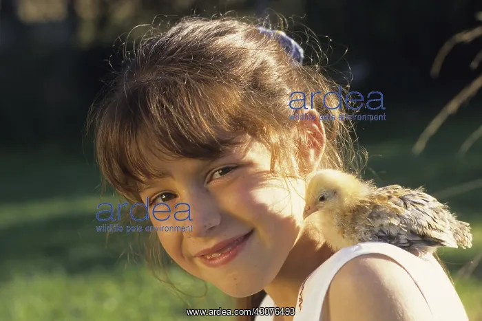 : Portrait of a young girl carrying a fledging on her shoulder : Portrait of a young girl carrying a fledging on her shoulder